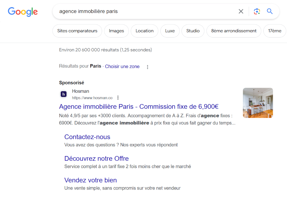La recherche ‘agence immobilière paris’ sur Google